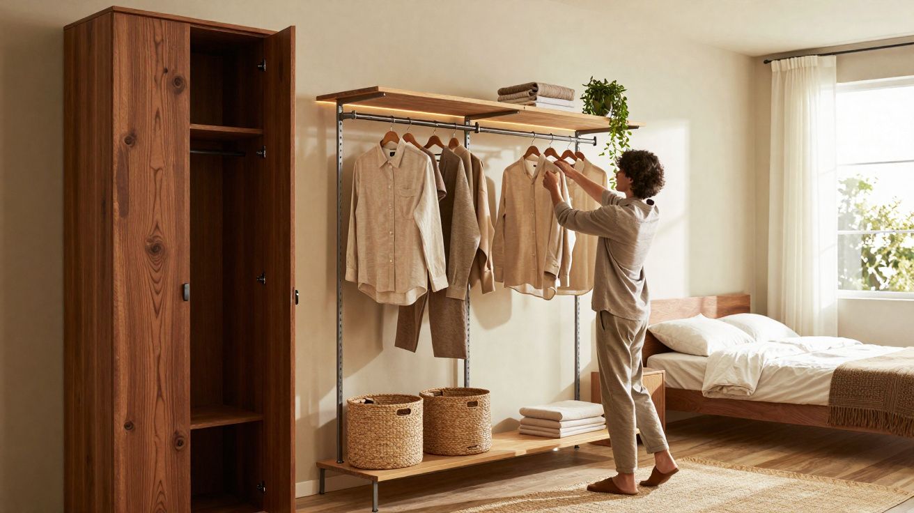 Pessoa a arrumar roupa clara num armário aberto numa quarto luminoso com cama de madeira.