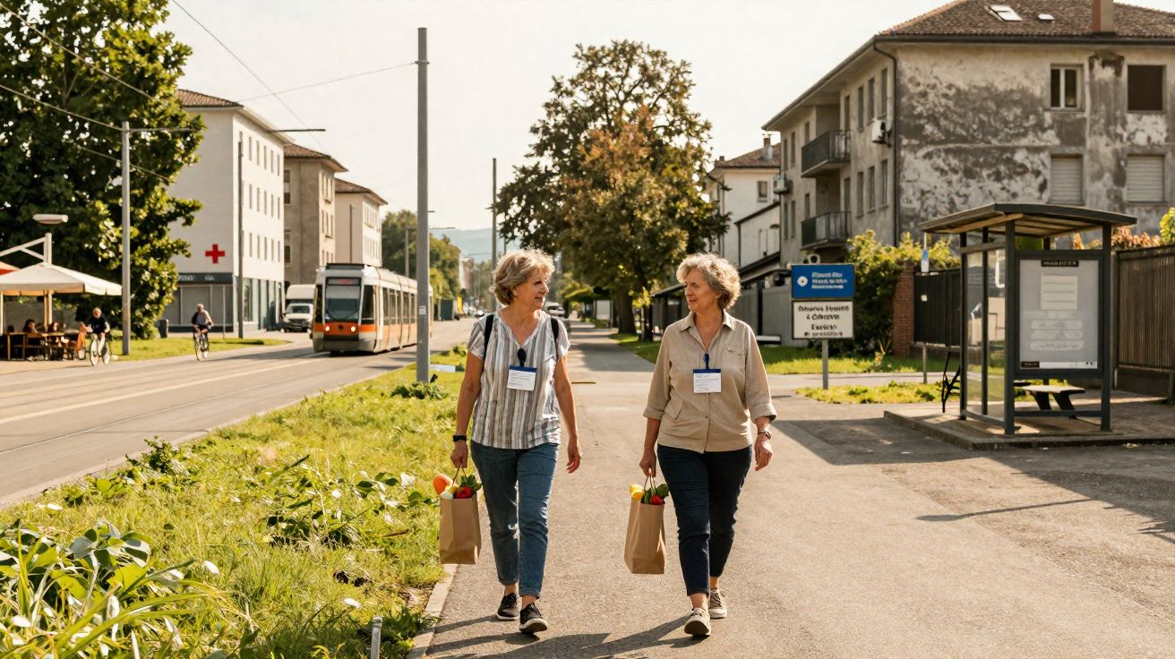 Duas mulheres idosas a caminhar e conversar numa rua urbana com sacos de compras e eletricidade trâmites.