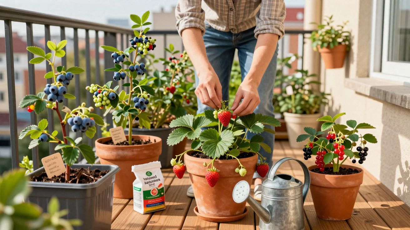 Pessoa a colher morangos em vasos com plantas na varanda iluminada pelo sol.