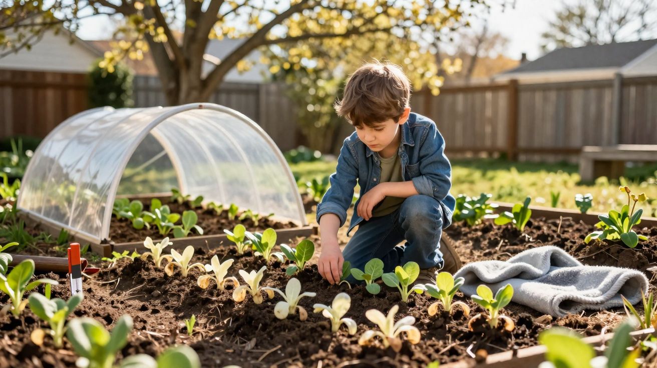 Menino de cabelo castanho a cuidar de plantas num canteiro de jardim ensolarado com estrutura de plástico transparente.