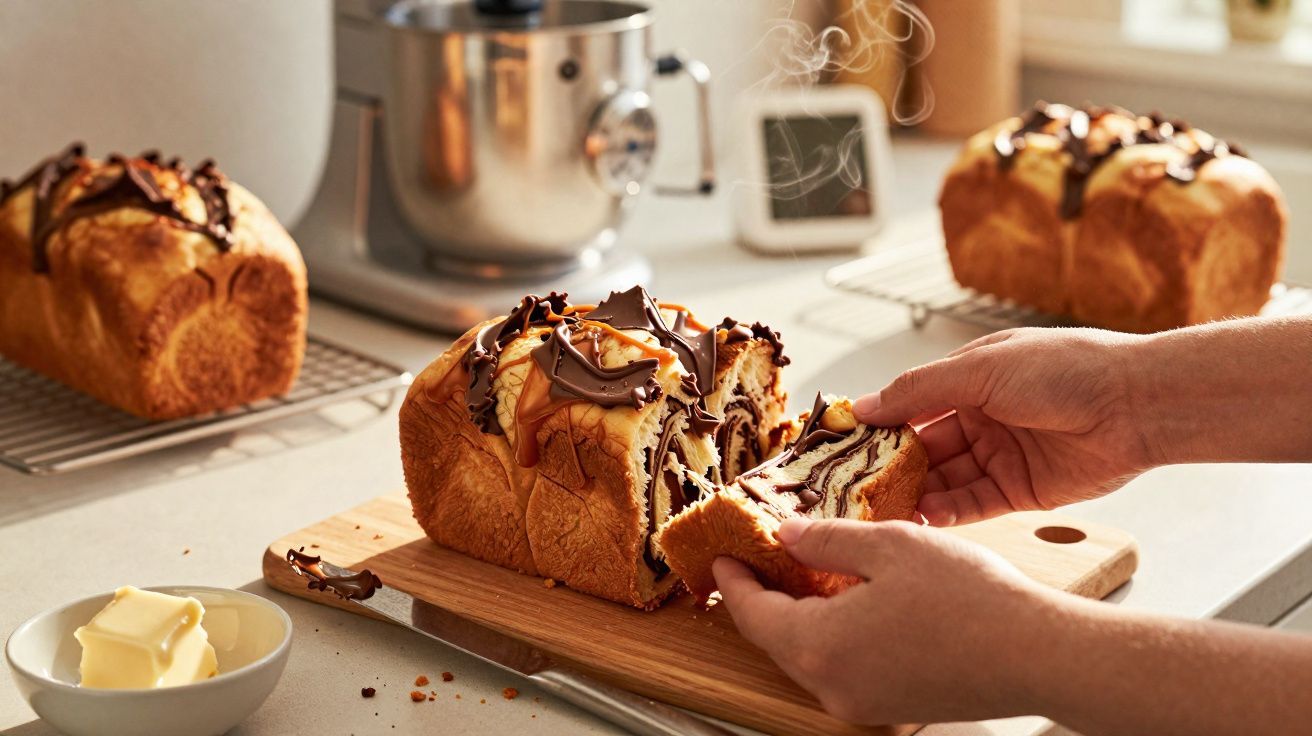 Mãos a partir um pão doce com recheio de chocolate e caramelo numa cozinha iluminada.