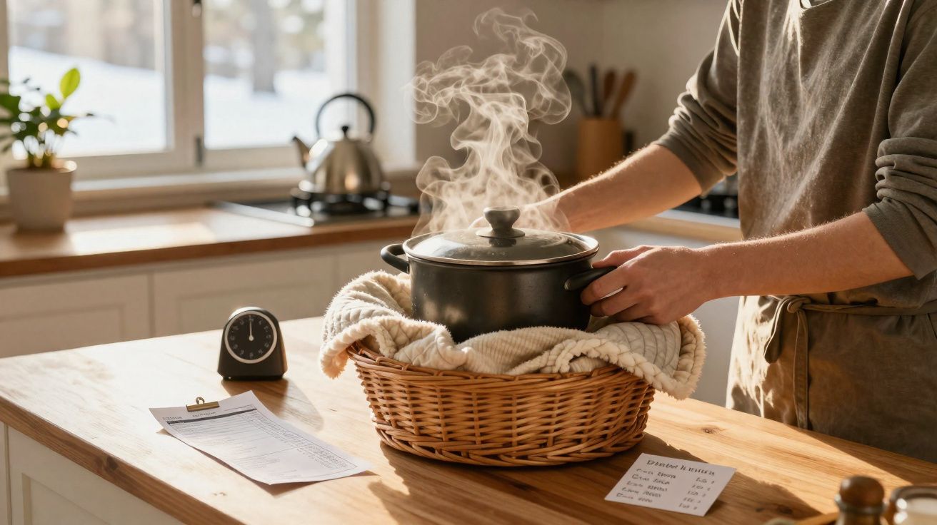 Pessoa a levantar tampa de panela a fumegar num cesto de vime na cozinha iluminada a luz natural.