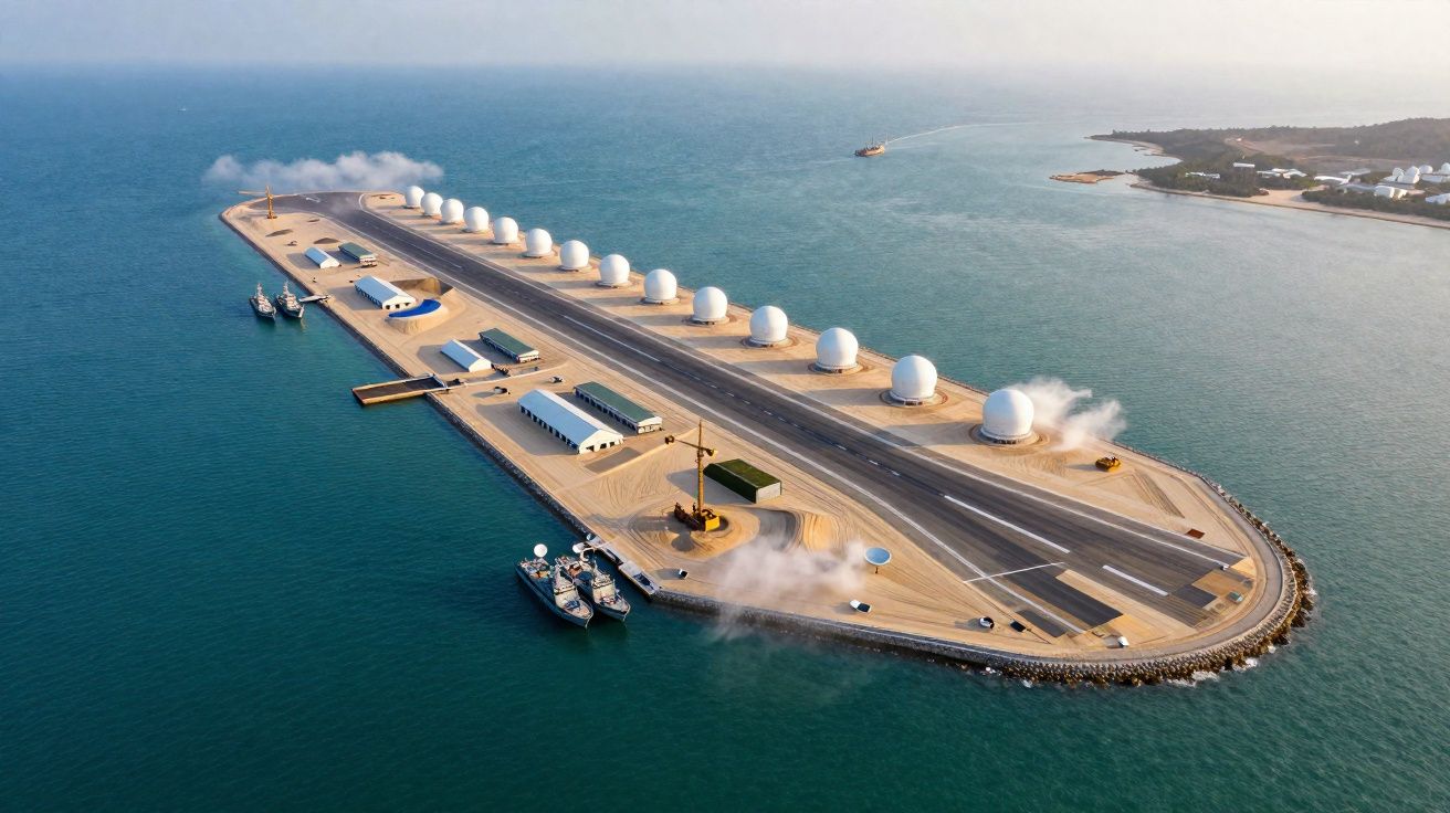 Imagem aérea de base militar marítima com pistas, bólias esféricas brancas e embarcações no mar.