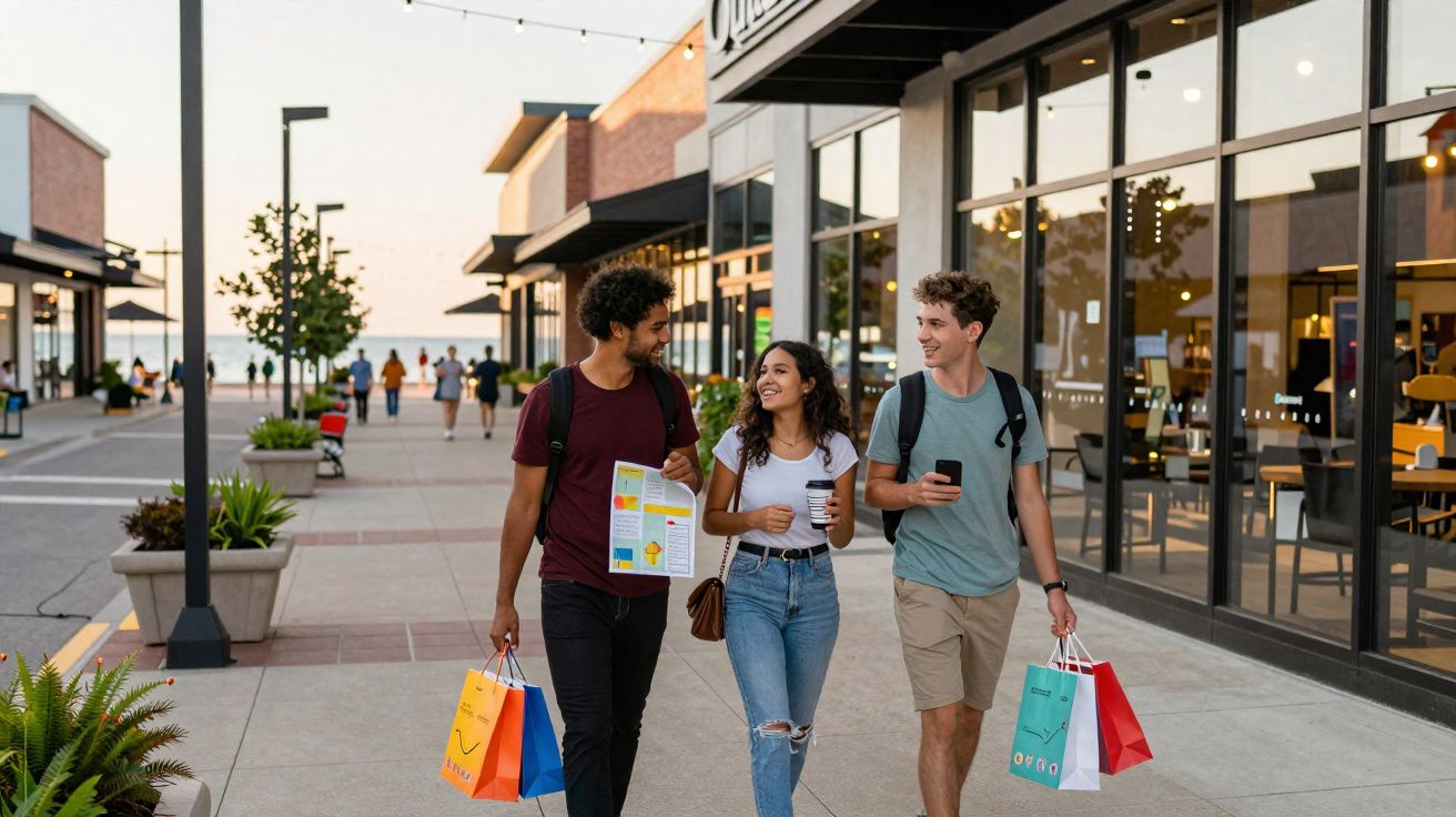 Três amigos jovens a passear num centro comercial ao ar livre, com sacos de compras e sorrisos.