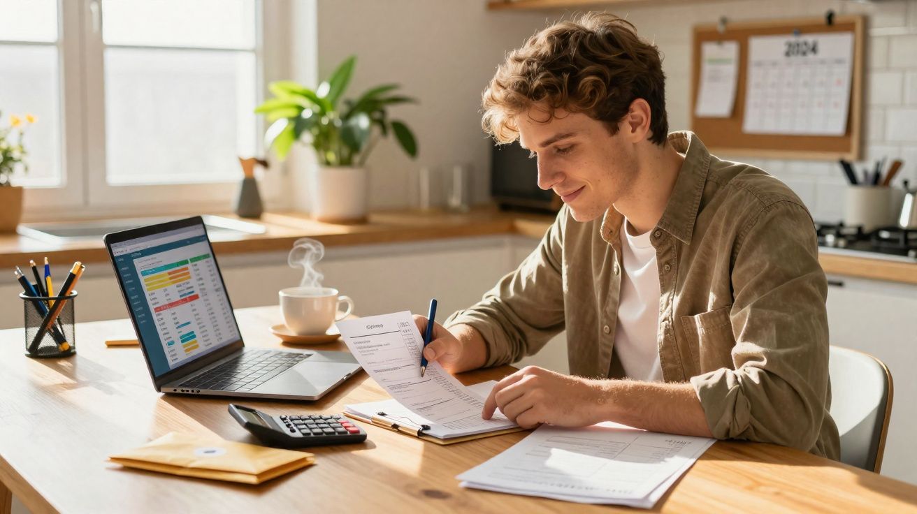 Homem jovem a trabalhar em casa, preenchendo documentos numa mesa com computador portátil e calculadora.