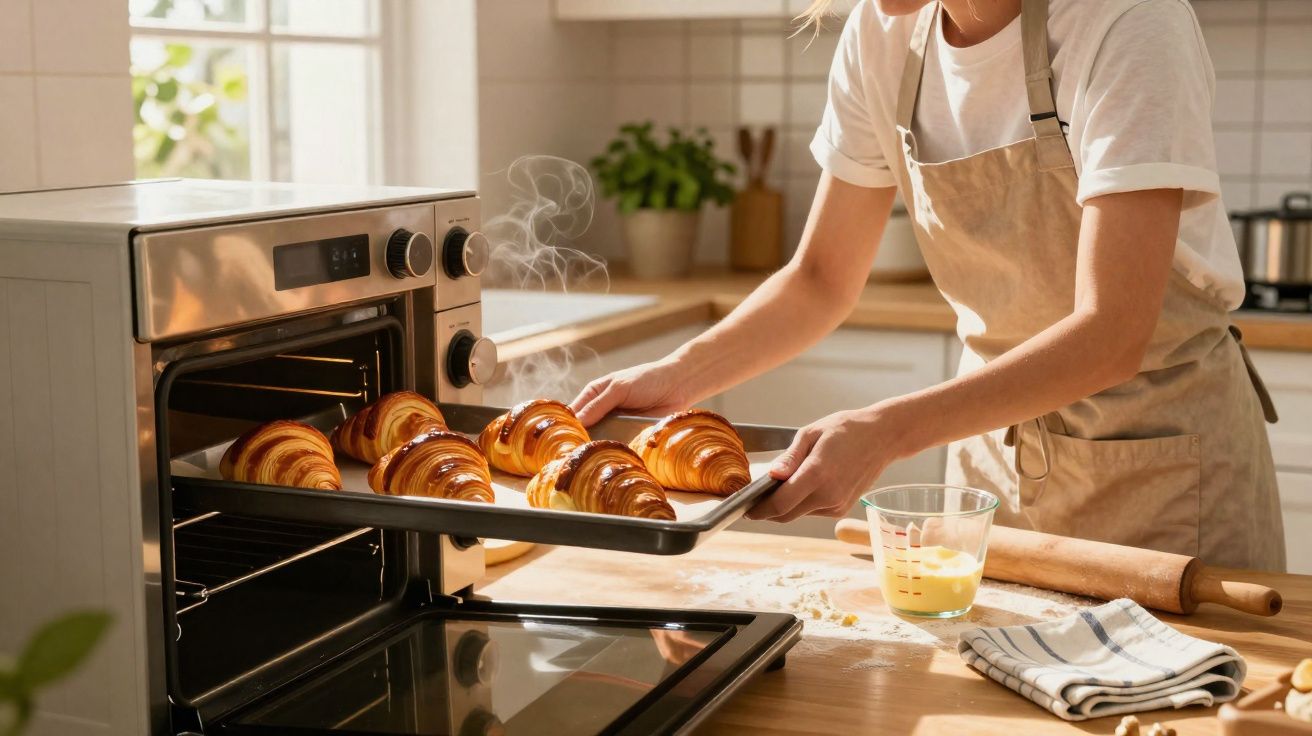 Pessoa a retirar croissants frescos do forno numa cozinha luminosa e organizada.