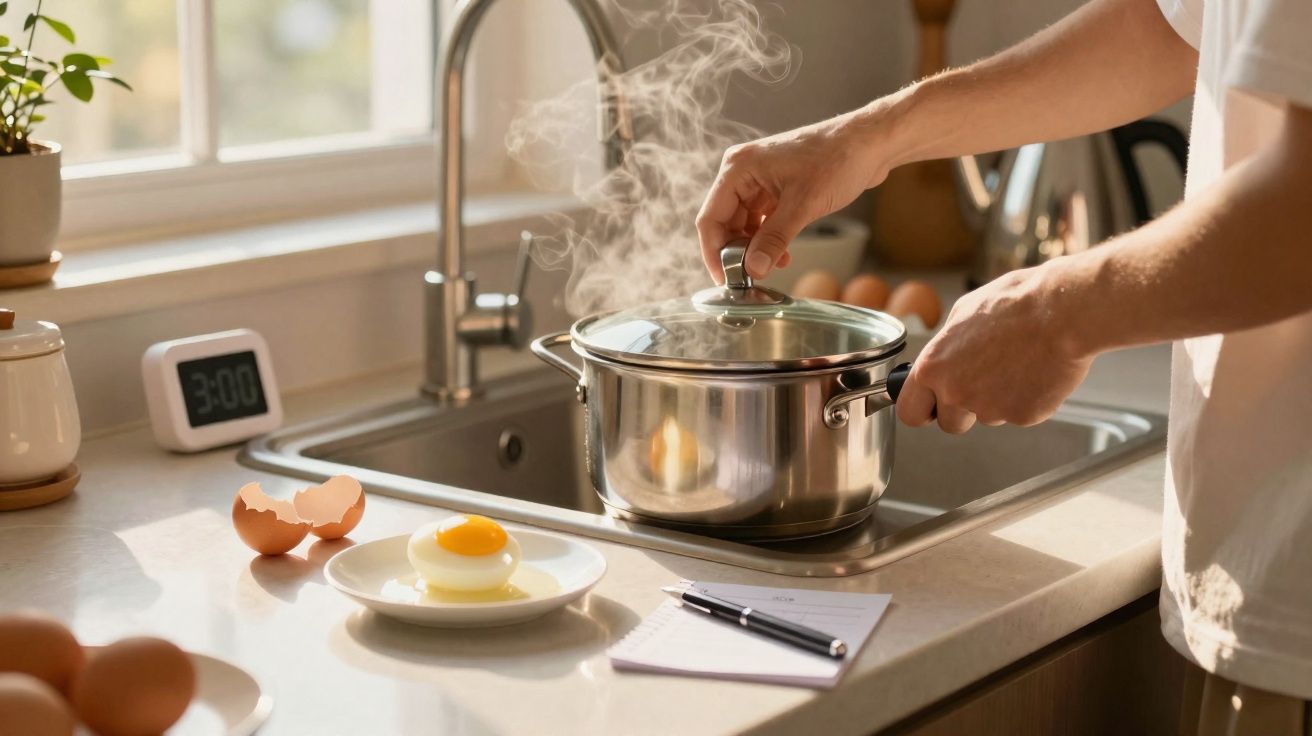 Pessoa a levantar tampa de panela a ferver na cozinha com ovo cozido no prato e timer na bancada.