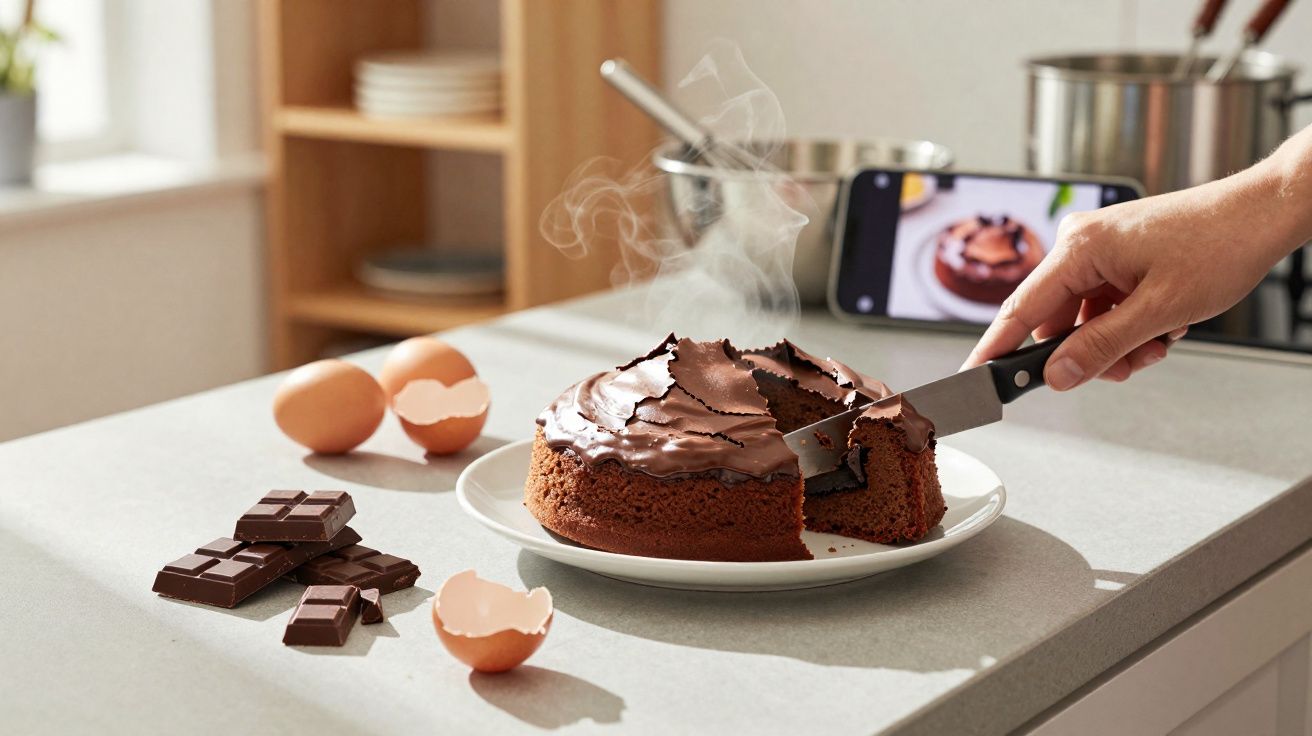 Pessoa a cortar fatia de bolo de chocolate quente numa cozinha, com ovos e pedaços de chocolate na bancada.