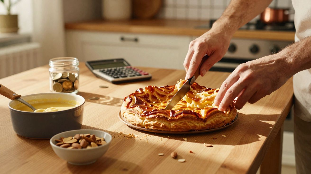 Pessoa a cortar uma tarte folhada numa cozinha com utensílios e ingredientes na mesa de madeira.