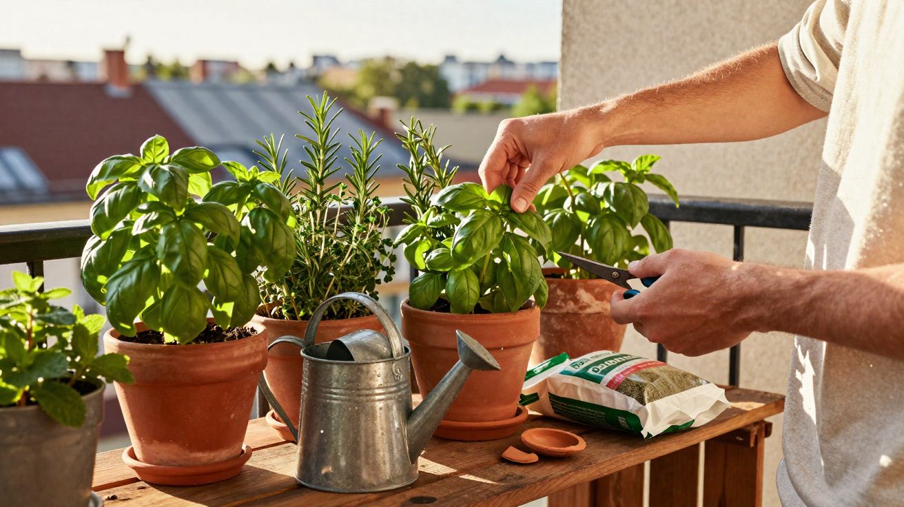 Pessoa a cortar folhas de manjericão em vasos de barro numa varanda com regador e terra para plantas.