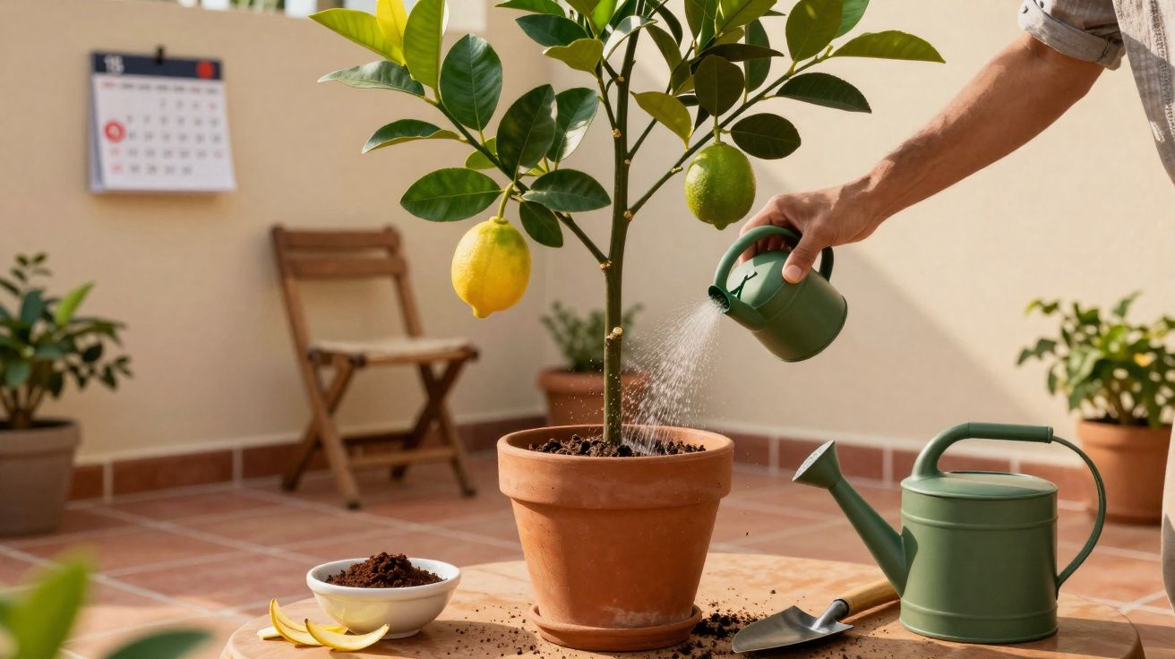 Pessoa a regar uma planta de limoeiro em vaso de barro numa varanda ensolarada.