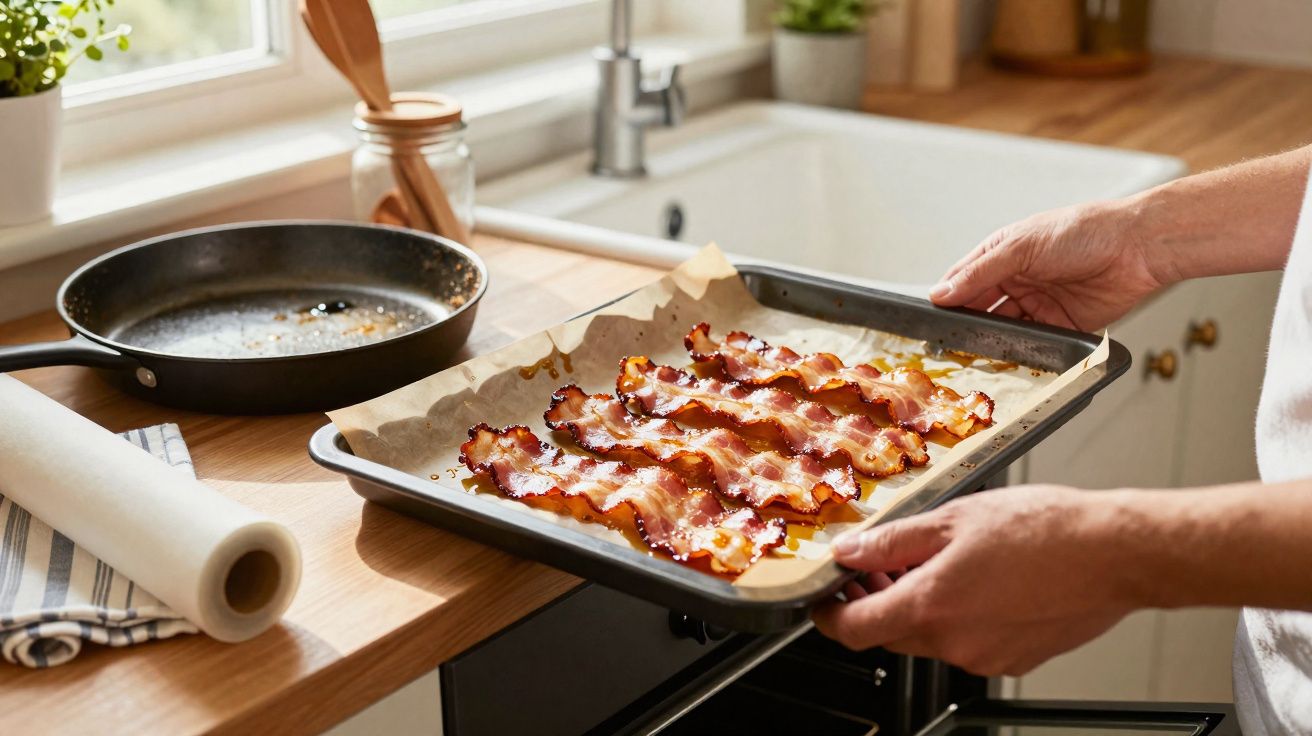 Pessoa a retirar tabuleiro com fatias de bacon crocante do forno numa cozinha luminosa.