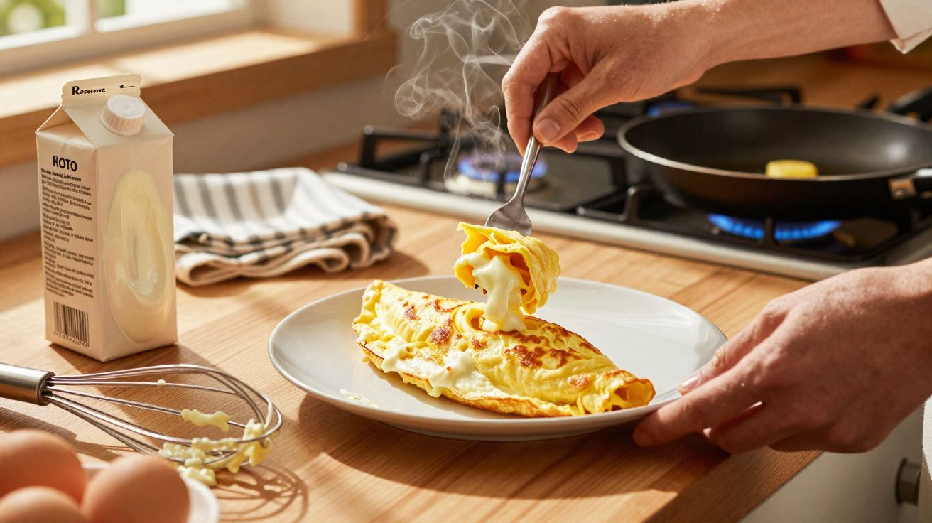 Omelete quente com queijo derretido servido num prato, mãos a enrolar com garfo na cozinha.