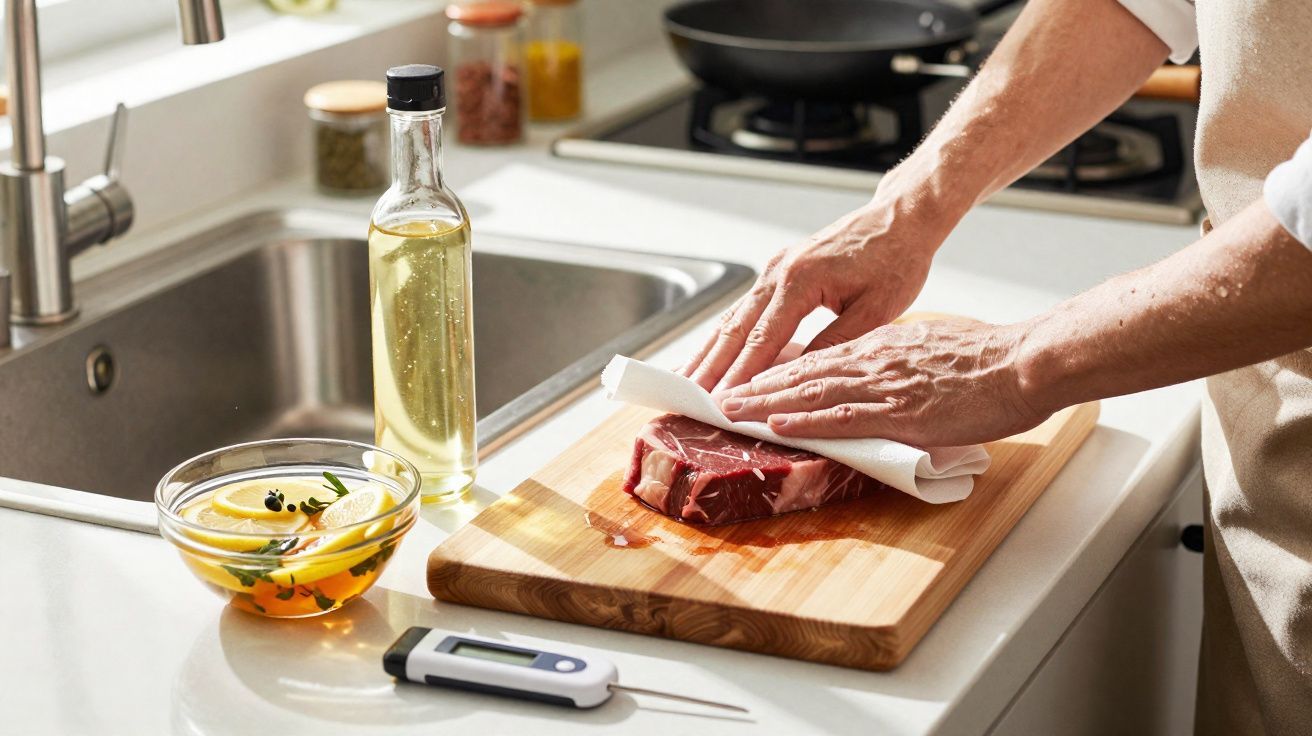 Pessoa a secar um bife cru num tábua de madeira numa cozinha com ingredientes e termómetro digital.