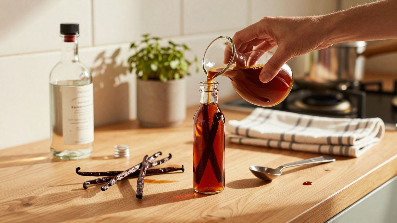 Mão a verter extrato de baunilha para garrafa numa bancada de cozinha com fava de baunilha e utensílios.