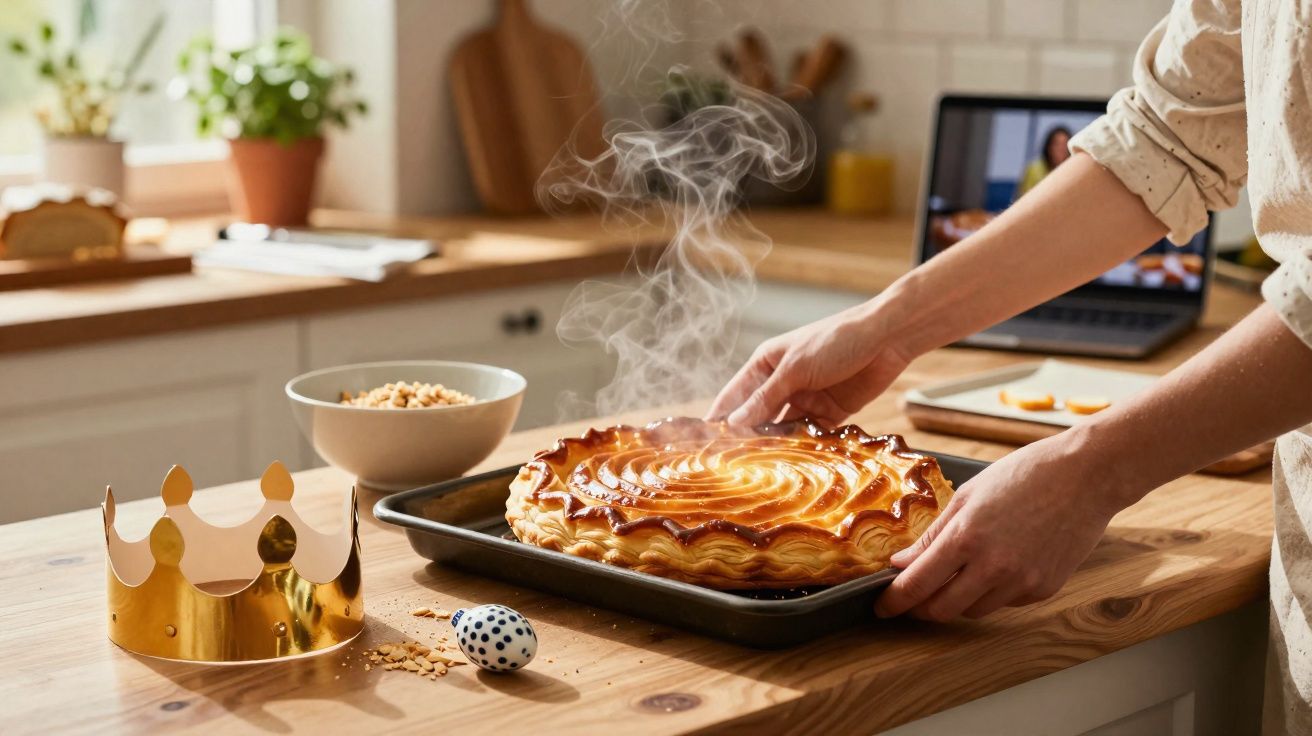 Mãos a retirar do forno uma tarte quente e fumegante numa tabuleiro com uma coroa dourada e um ovo decorativo à frente.