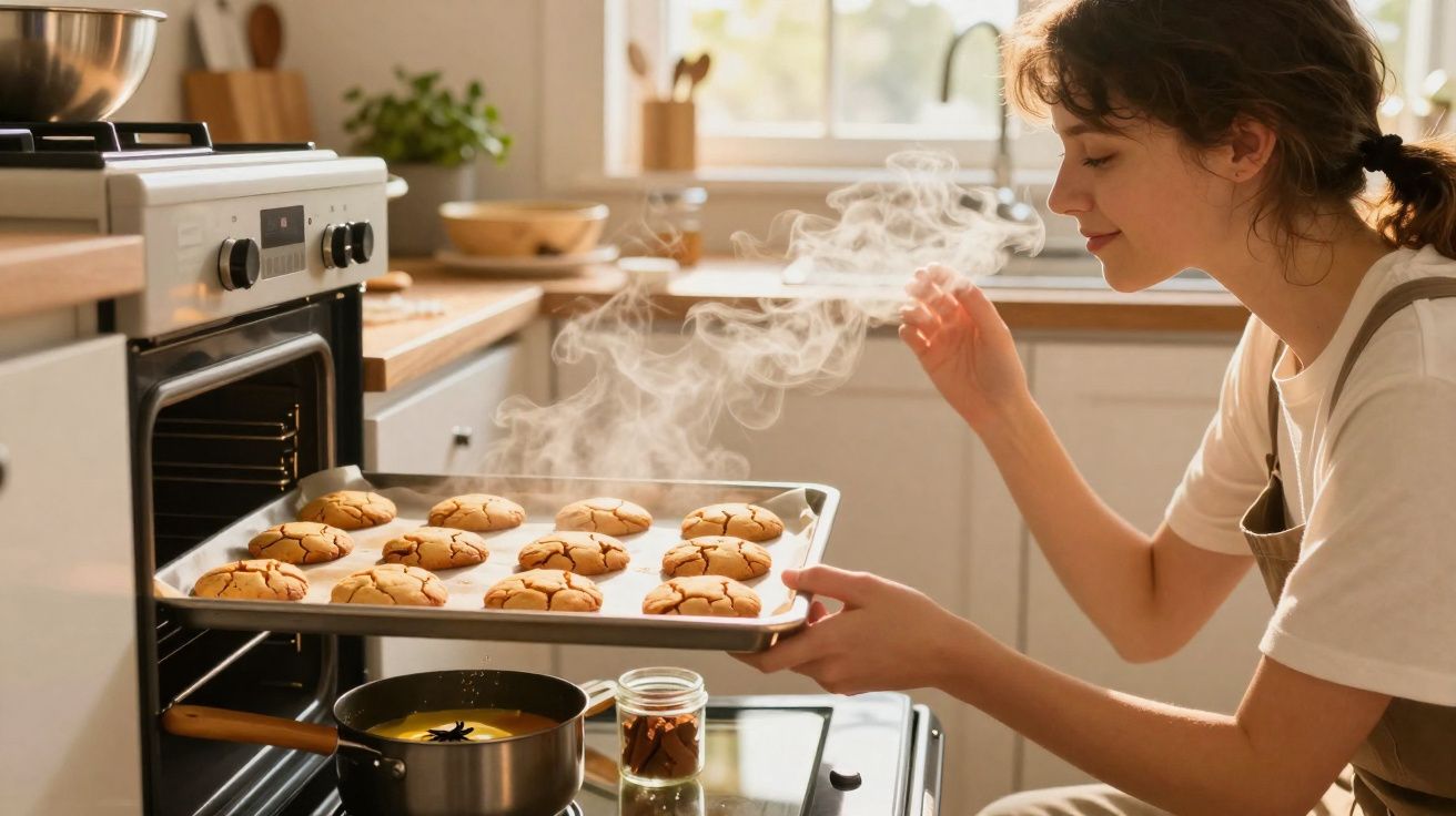 Mulher a retirar do forno tabuleiro com bolachas acabadas de cozer numa cozinha iluminada a luz natural.