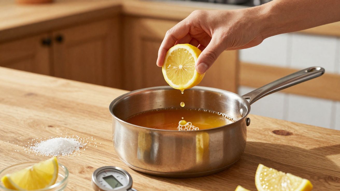 Mão a espremer meio limão sobre panela com líquido, pão, sal e termómetro numa bancada de madeira na cozinha.