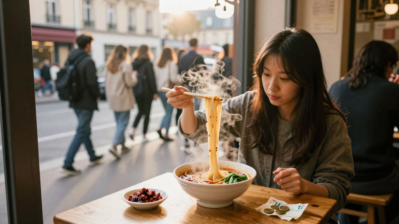 Jovem mulher a comer noodles quentes num restaurante com janela para rua movimentada.