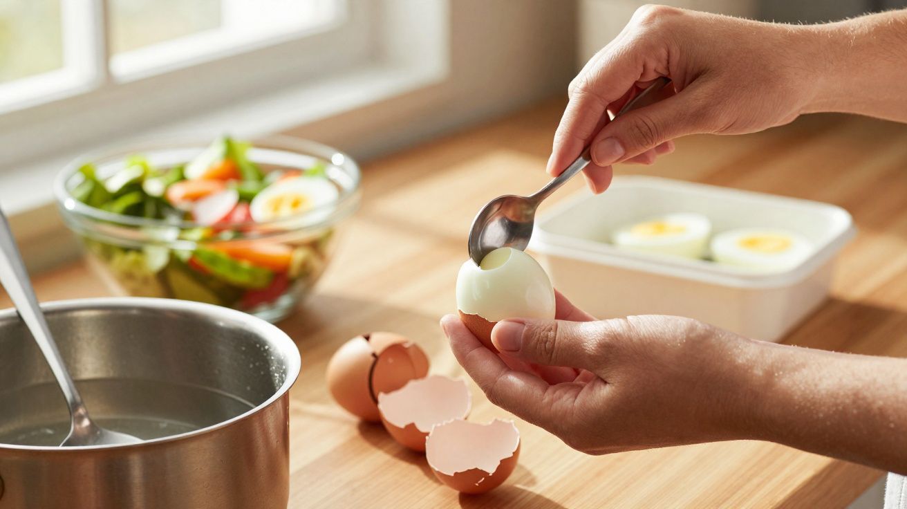 Mãos a descascar ovo cozido com colher, com cascas, panela de água e salada numa bancada de cozinha.
