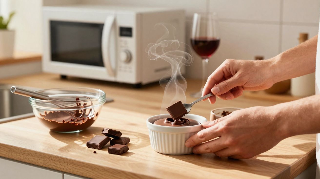 Mãos a mergulhar quadrado de chocolate em creme quente num recipiente branco numa cozinha moderna.