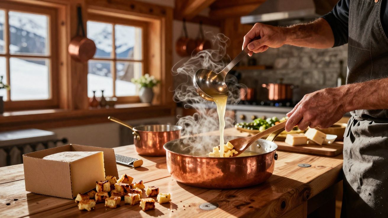Pessoa a servir queijo derretido numa panela de cobre numa cozinha rústica com luz natural.