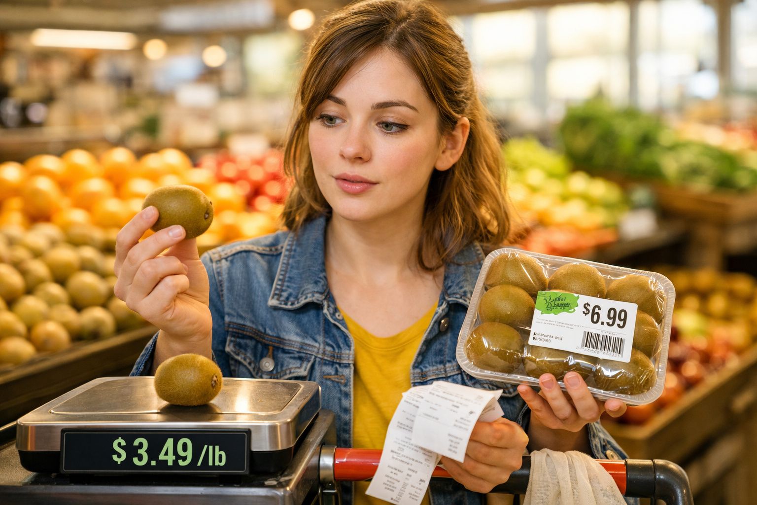 Mulher a pesar kiwis numa balança no supermercado, segurando embalagem e talão de compra.