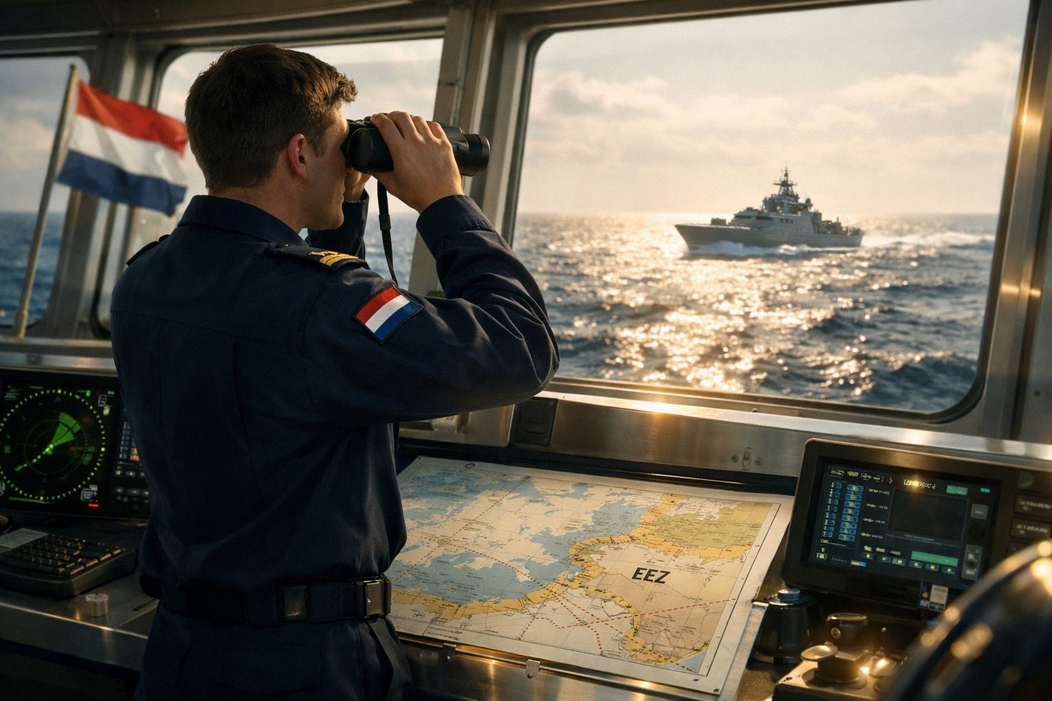 Militar com uniforme naval observa navio no mar através de binóculos dentro do comando de uma embarcação.