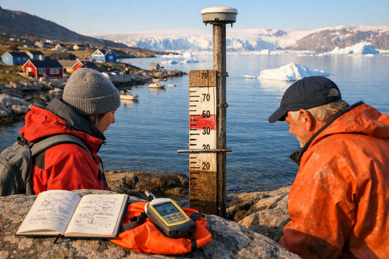 Duas pessoas medindo o nível da água junto a um fiorde com icebergues e casas coloridas ao fundo.