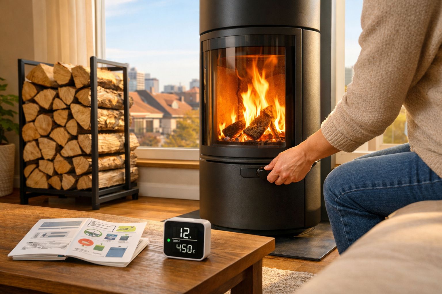 Pessoa a acender lareira moderna com lenha, termómetro digital e livros numa sala acolhedora com vista de cidade.