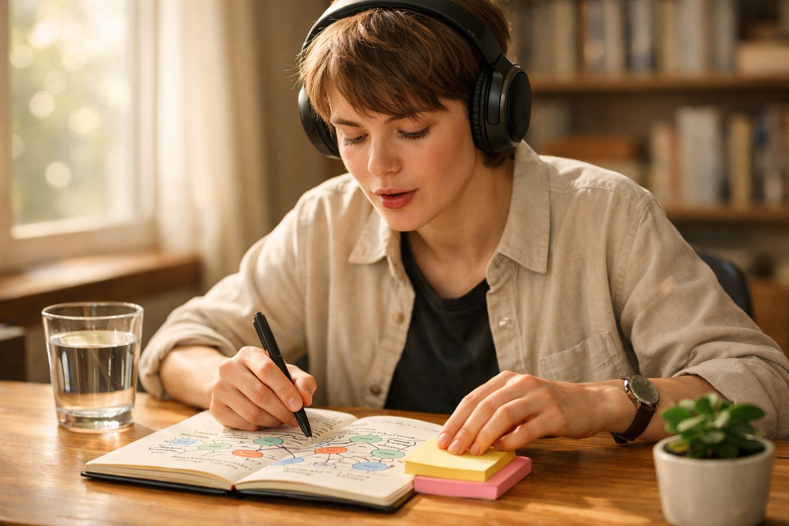 Pessoa jovem a estudar com auscultadores, a escrever num caderno com esquemas coloridos numa mesa com copo de água.