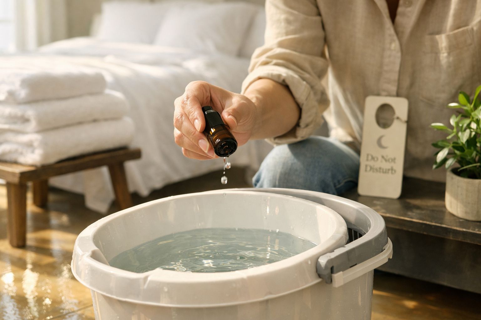 Pessoa a colocar gotas de óleo essencial numa bacia de água para aromaterapia num ambiente relaxante.