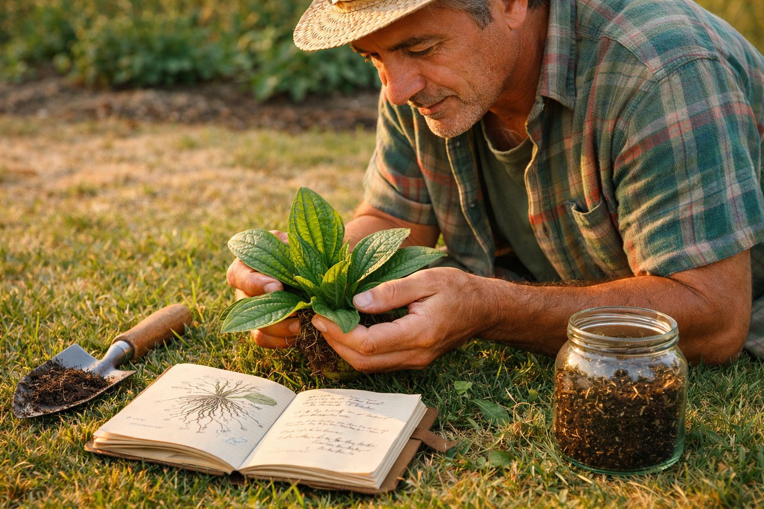 Homem examina planta com raízes na mão, ao lado de livro de botânica aberto e frasco de terra no chão.