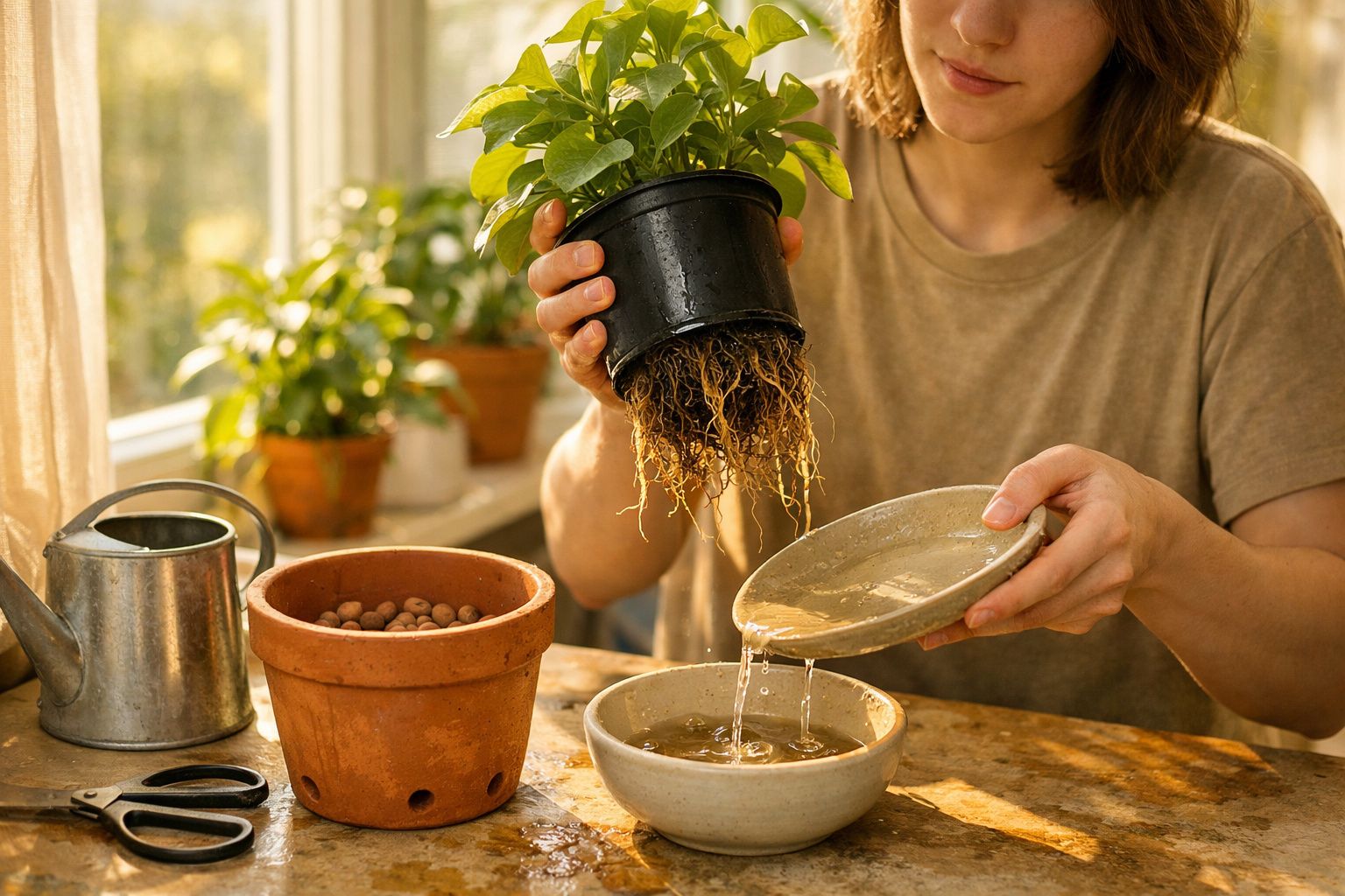 Pessoa transplantando uma planta, enxaguando as raízes antes de colocar num vaso de barro.