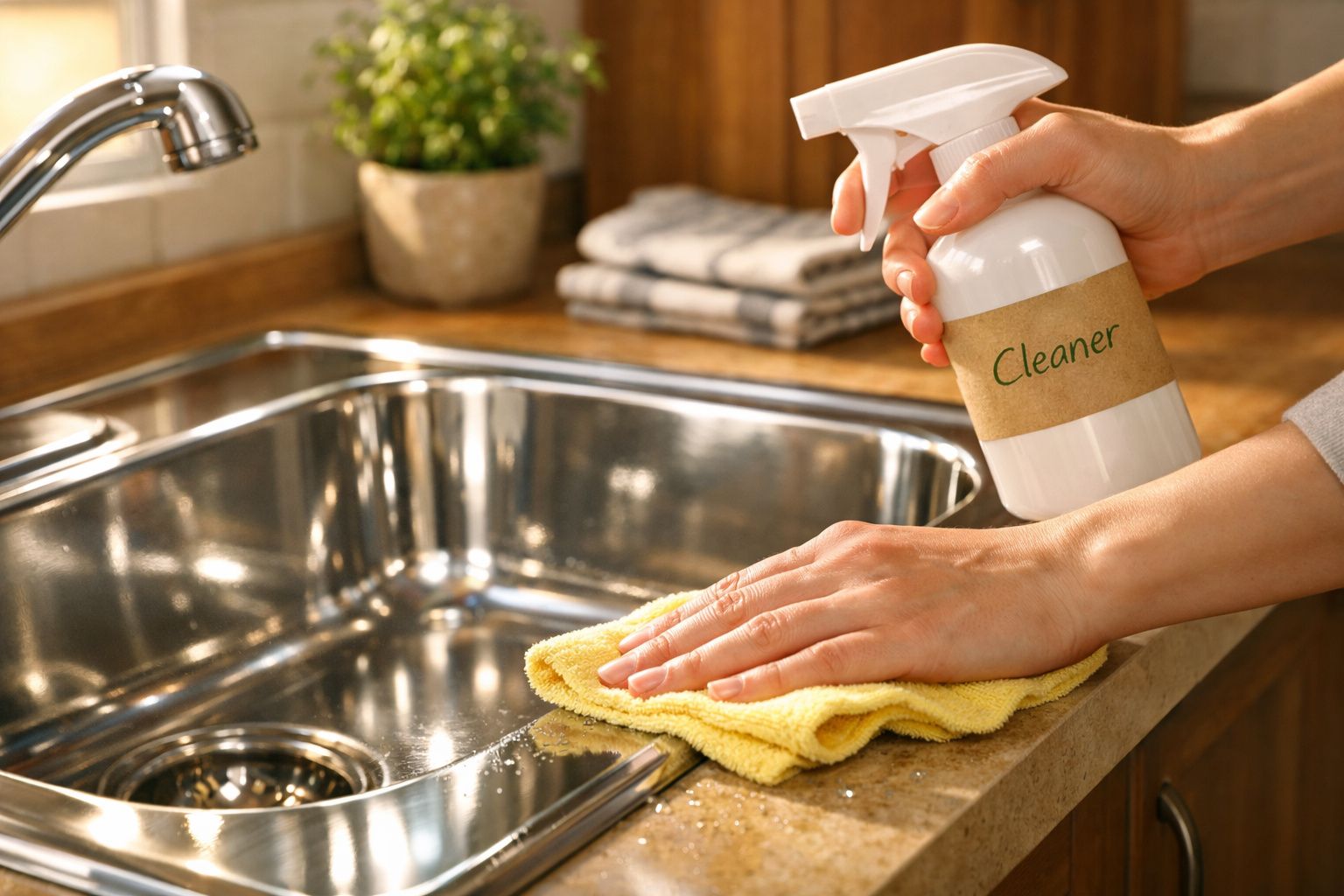 Mãos limpando bancada da cozinha com spray multiuso e pano amarelo junto a uma pia de inox.