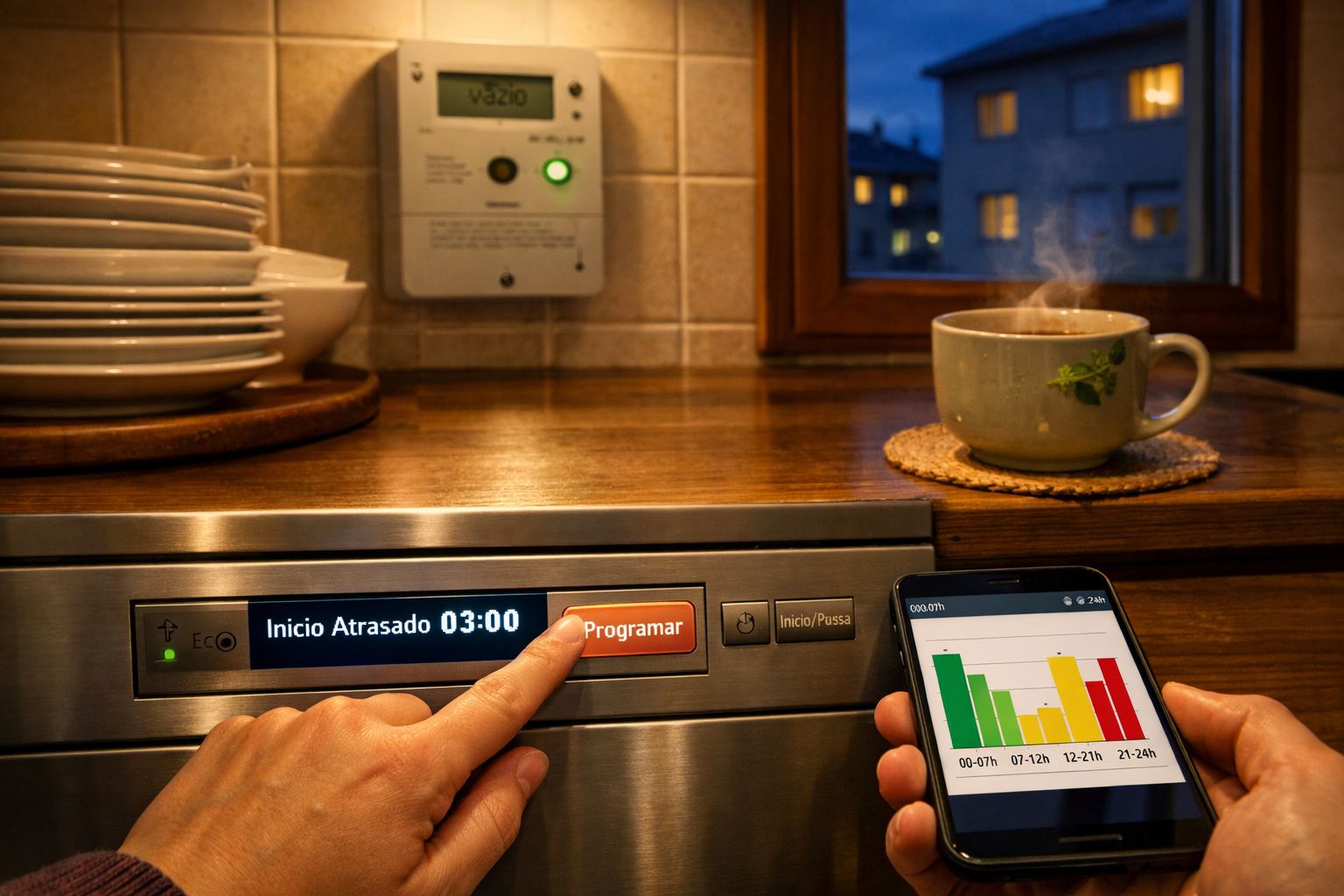 Pessoa a programar máquina de lavar louça com app móvel, chá quente sobre balcão de cozinha ao entardecer.