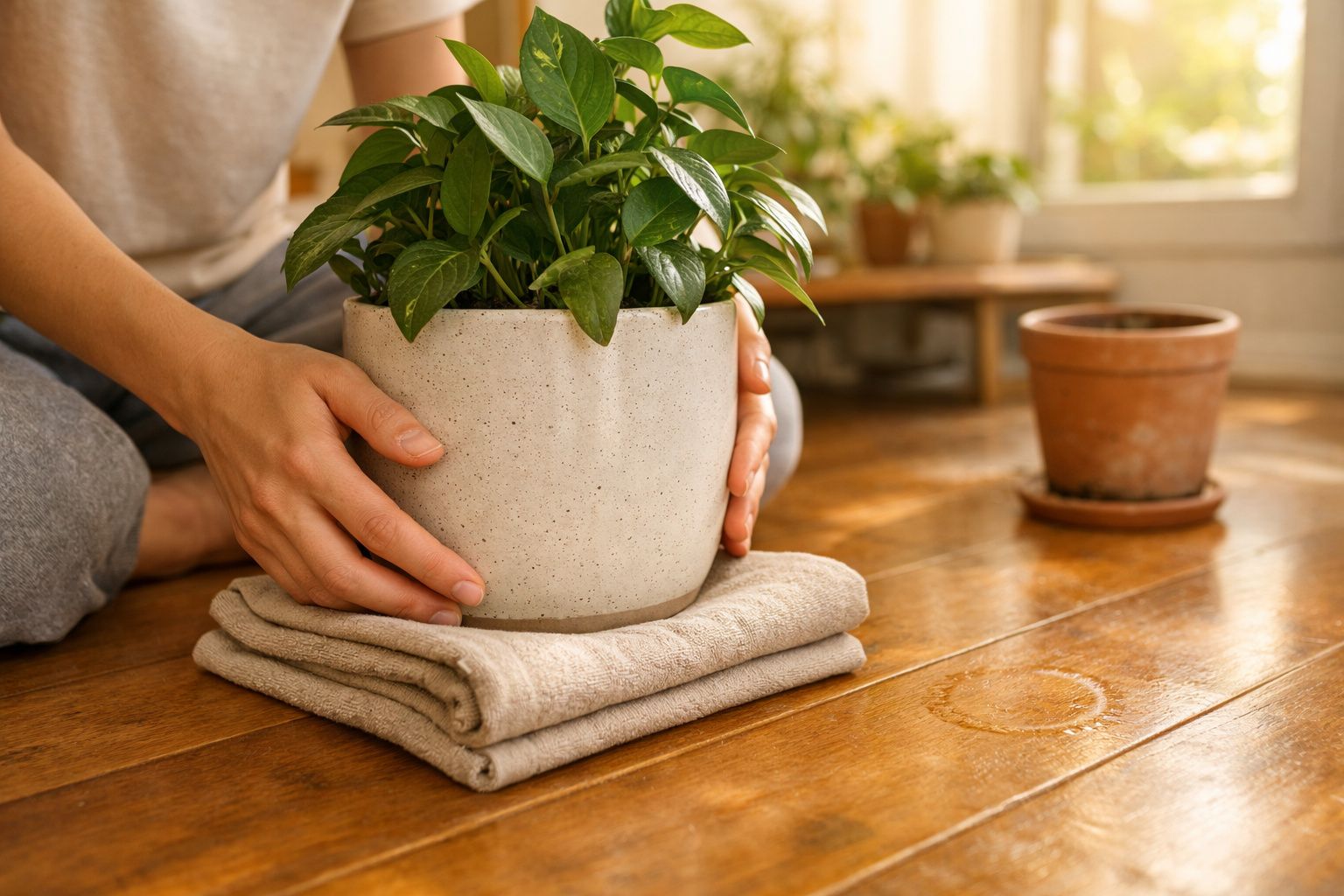 Mãos seguram vaso de planta verde sobre pano dobrado no chão de madeira junto a vaso vazio.