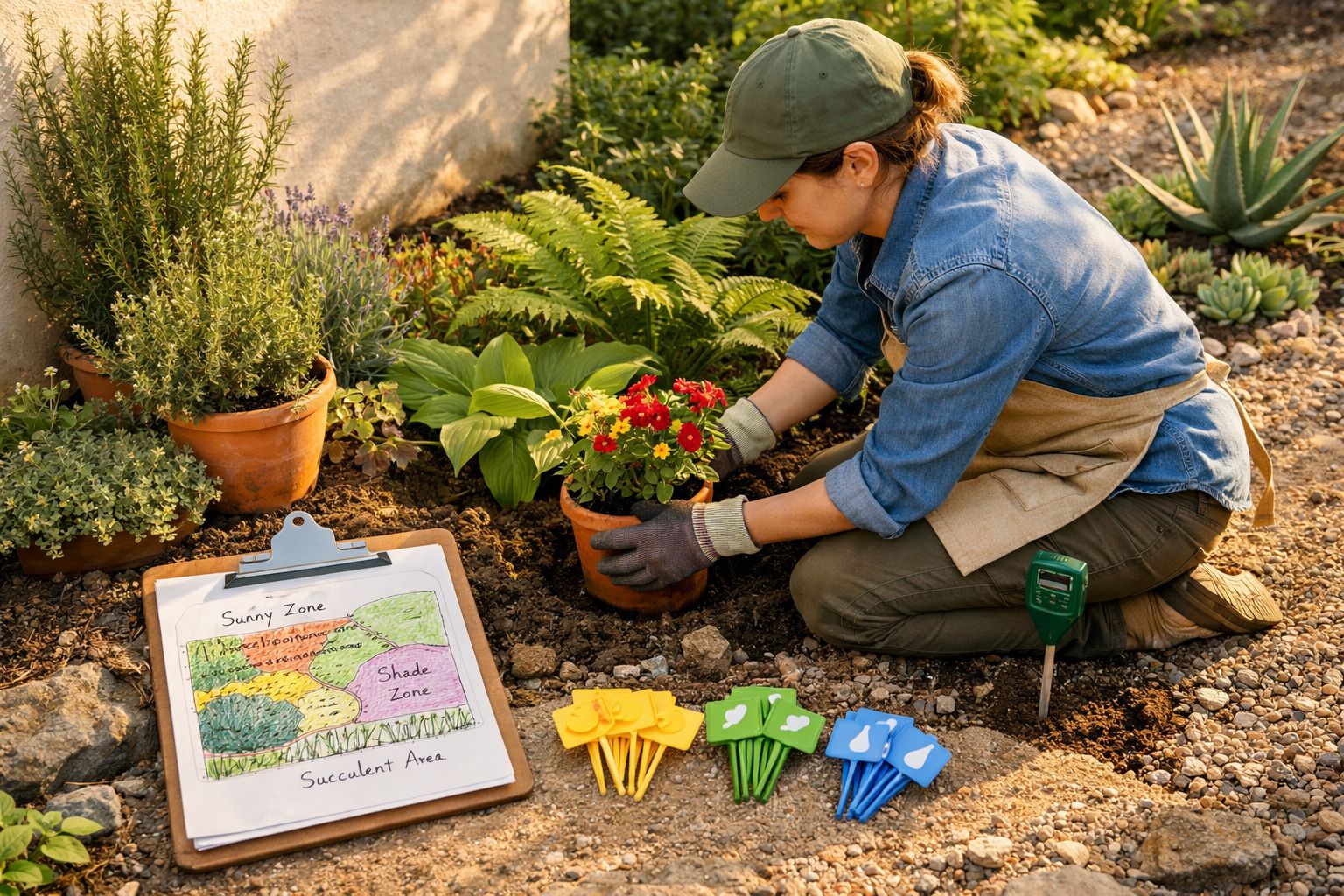 Mulher a plantar flores num jardim com plantas em vasos, etiquetas coloridas e um plano de jardim num quadro.