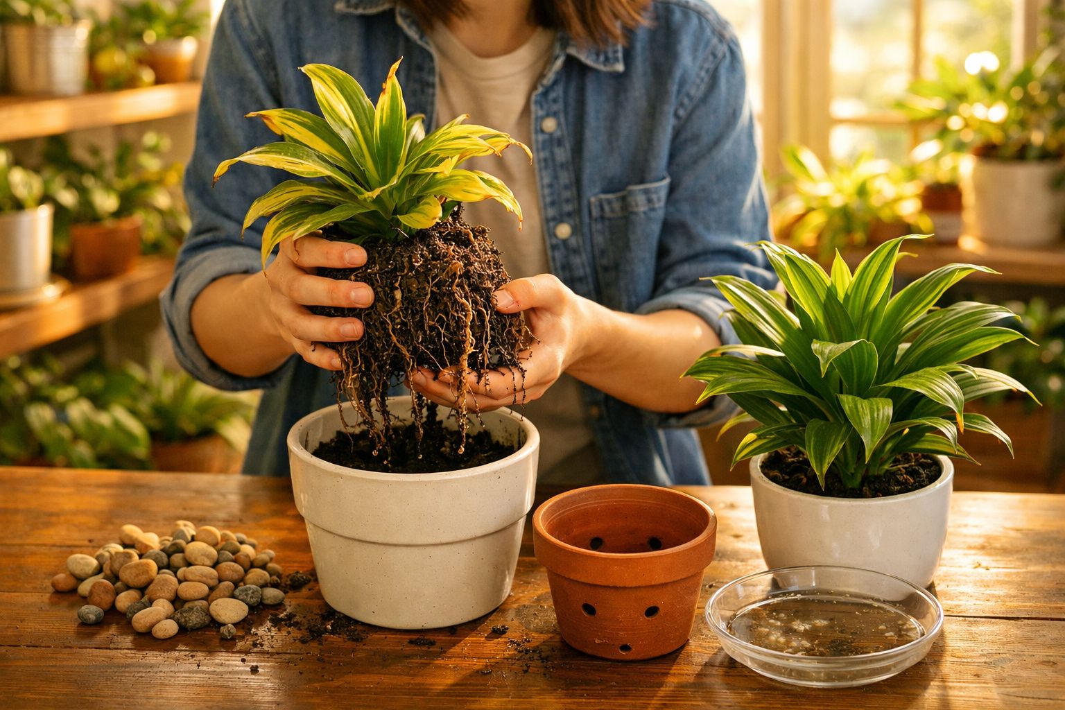 Pessoa transplantando planta com raízes expostas para vaso branco numa mesa com pedras e outras plantas ao redor.