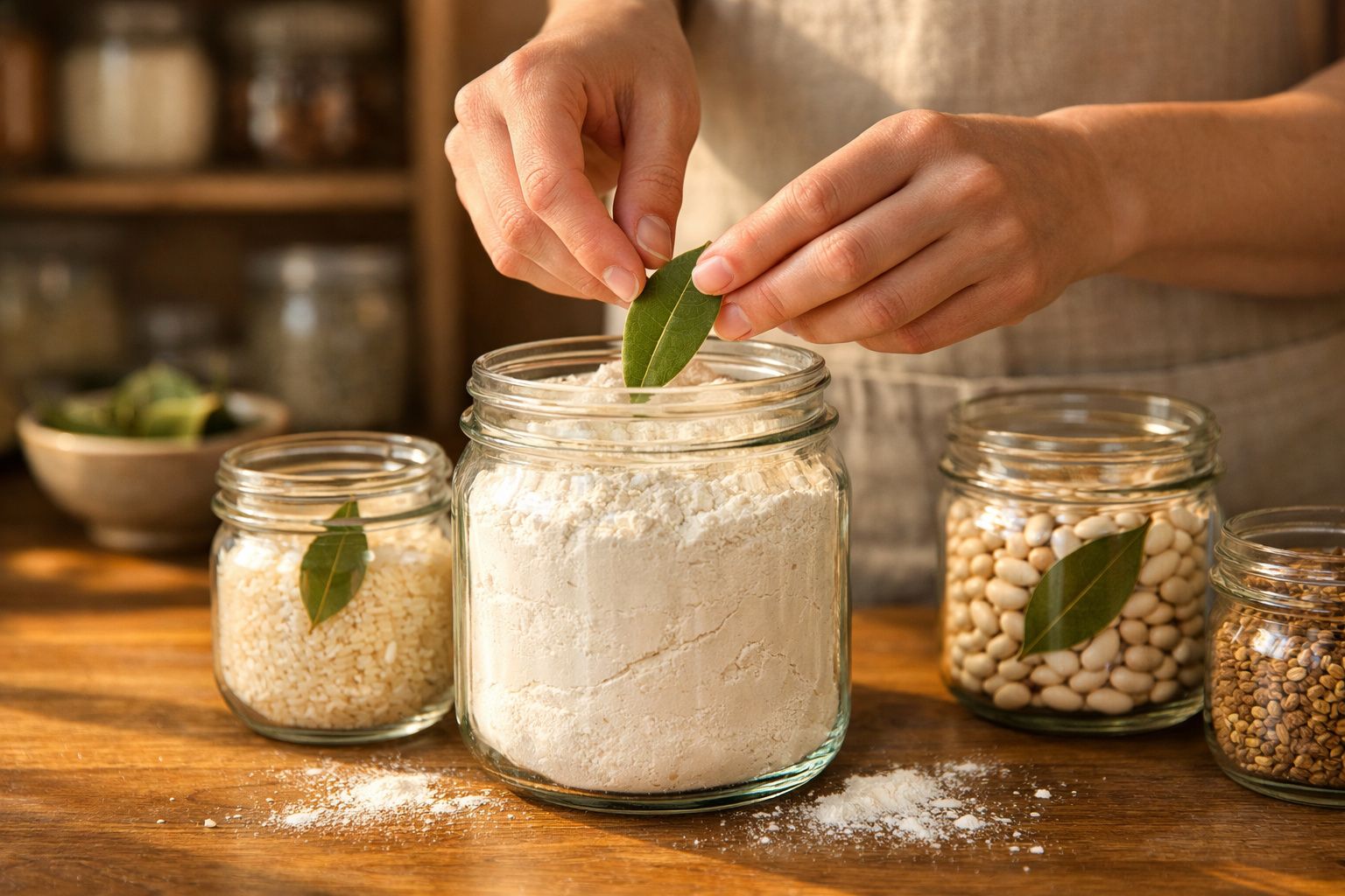 Mãos a colocar uma folha de louro num frasco com farinha, rodeado por outros frascos com leguminosas e ervas.