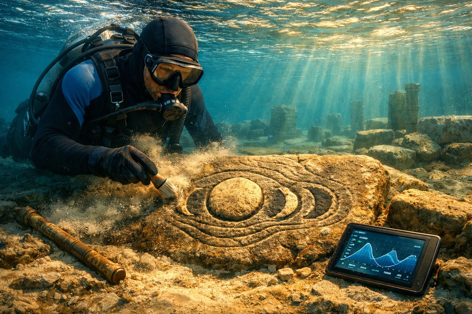 Mergulhador a apagar sedimentos de uma pedra antiga com gravuras subaquáticas e tablet com gráficos.