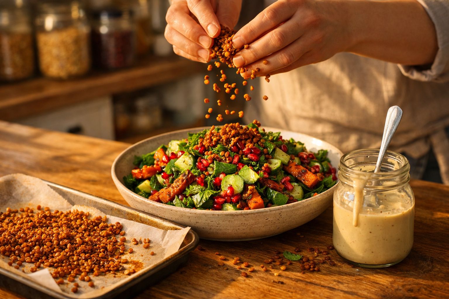 Mãos polvilham lentilhas torradas sobre salada colorida com pepino, romã e molho cremoso em frasco de vidro.