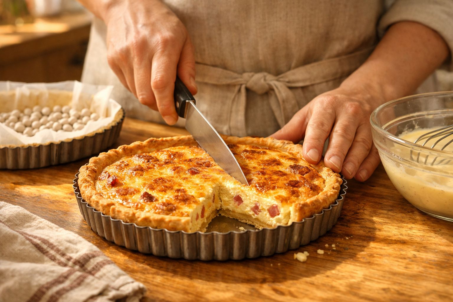 Pessoa a cortar uma tarte salgada com pedaços de bacon numa forma metálica sobre uma mesa de madeira.