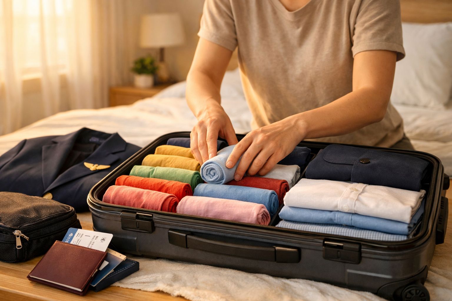 Pessoa a organizar e enrolar roupas coloridas numa mala preta aberta sobre a cama.