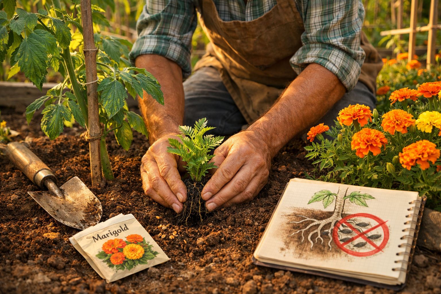 Mãos a plantar muda numa horta com flores calêndula e material de jardinagem ao redor.