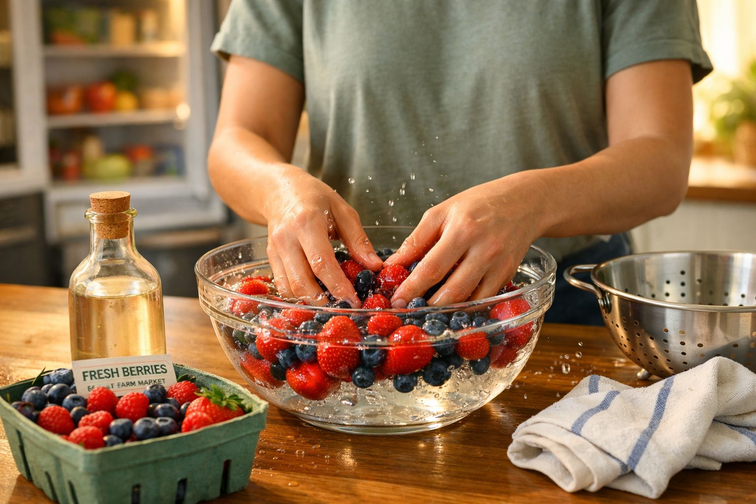 Pessoa a lavar frutos vermelhos numa taça de vidro na cozinha, com coador e pano à mesa.