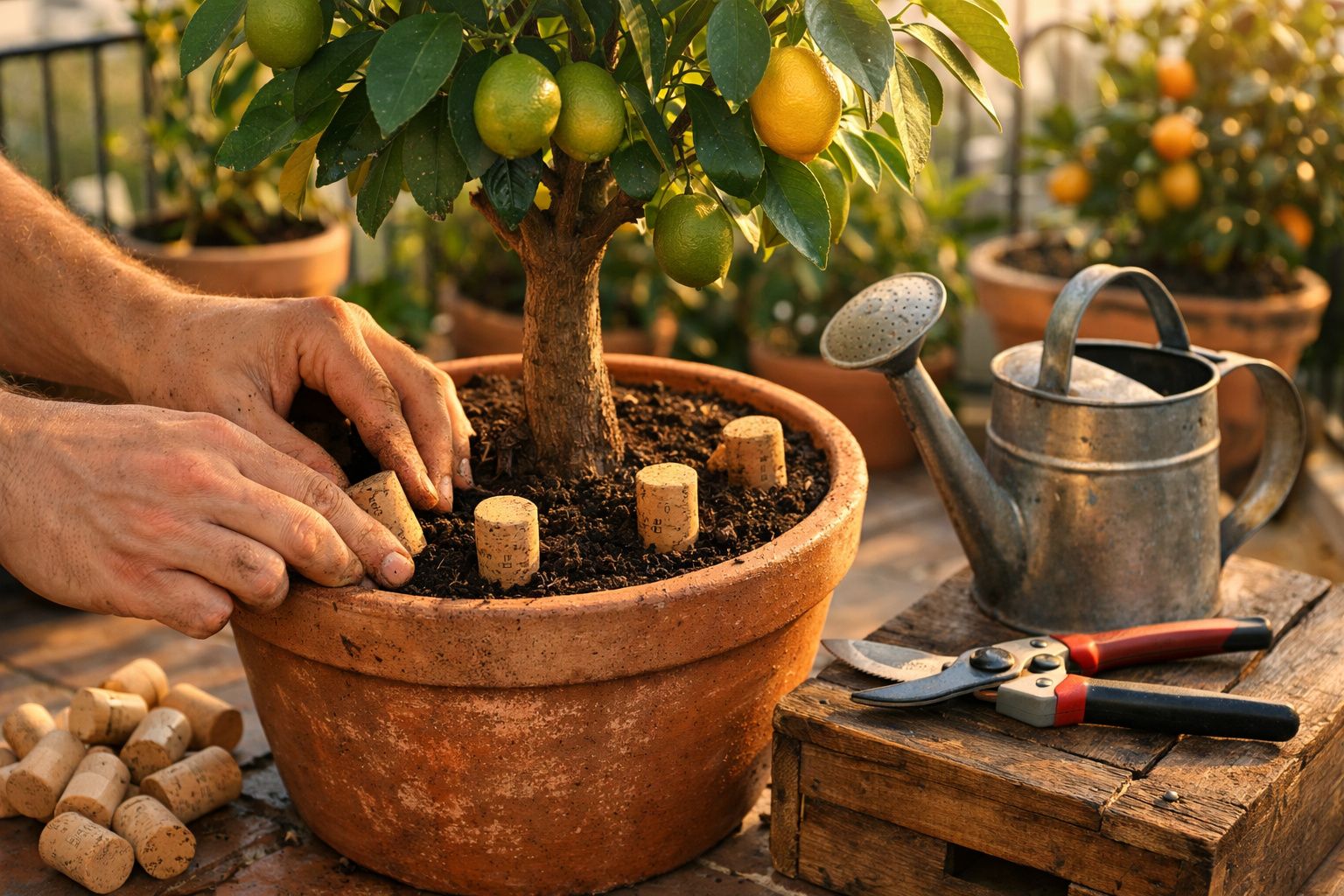 Mãos a colocar rolhas de cortiça no vaso de uma árvore de citrinos, ao lado de regador e tesoura de poda.