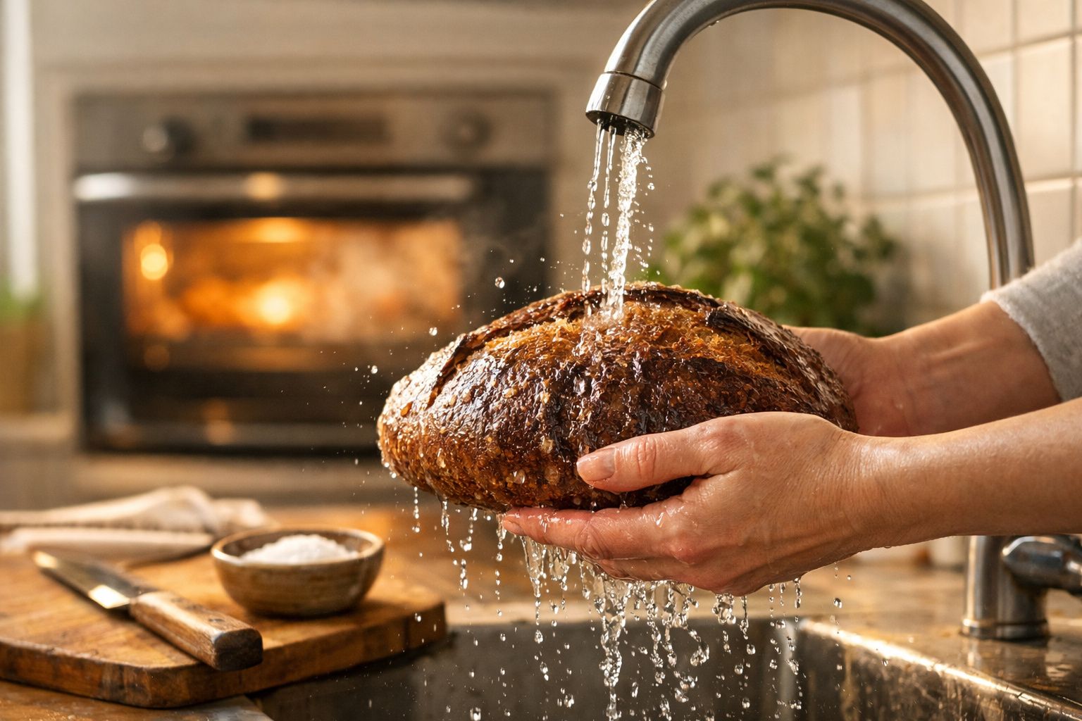 Pão caseiro a ser lavado debaixo de água numa cozinha com forno aceso ao fundo.