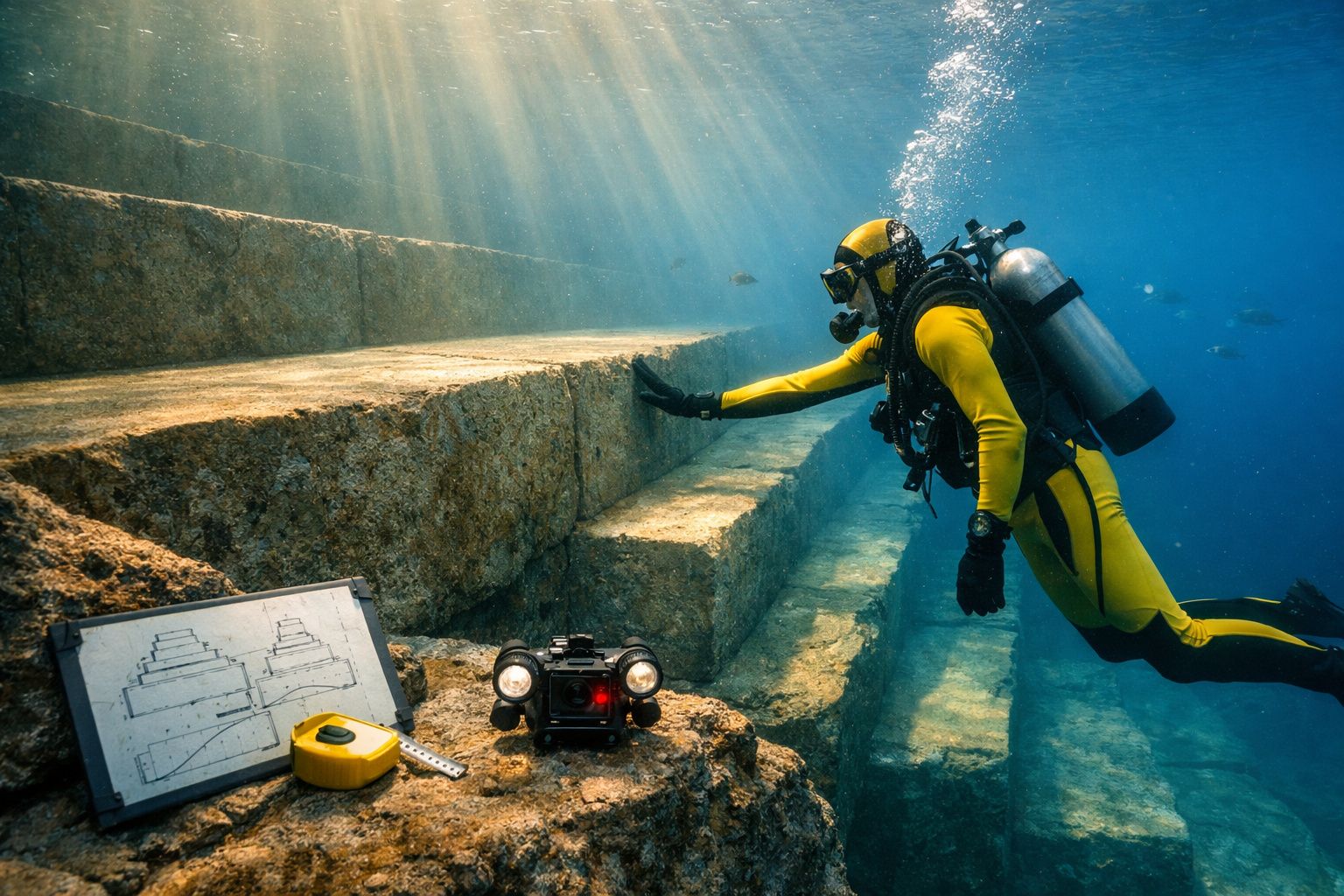 Mergulhador em fato amarelo explora escadaria subaquática com equipamentos de medição e câmera.