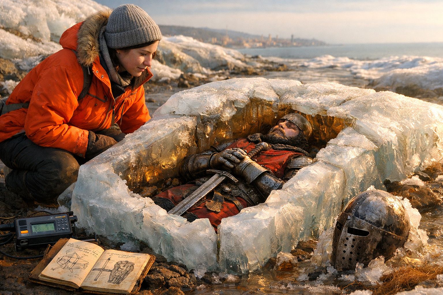 Mulher de casaco laranja observa cavaleiro medieval congelado num caixão de gelo junto ao mar.